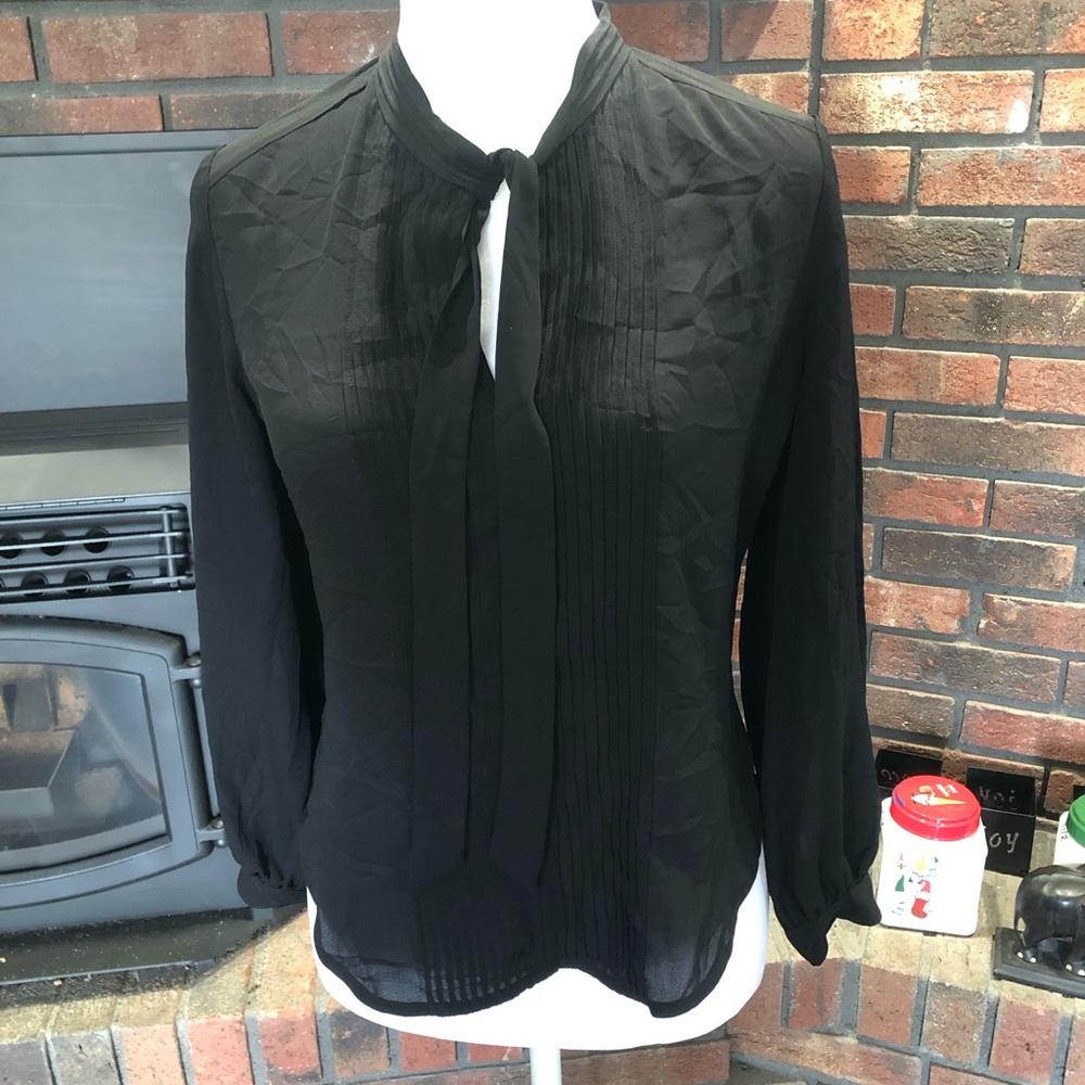 Banana Republic Black Pintuck Tie-Neck Blouse
